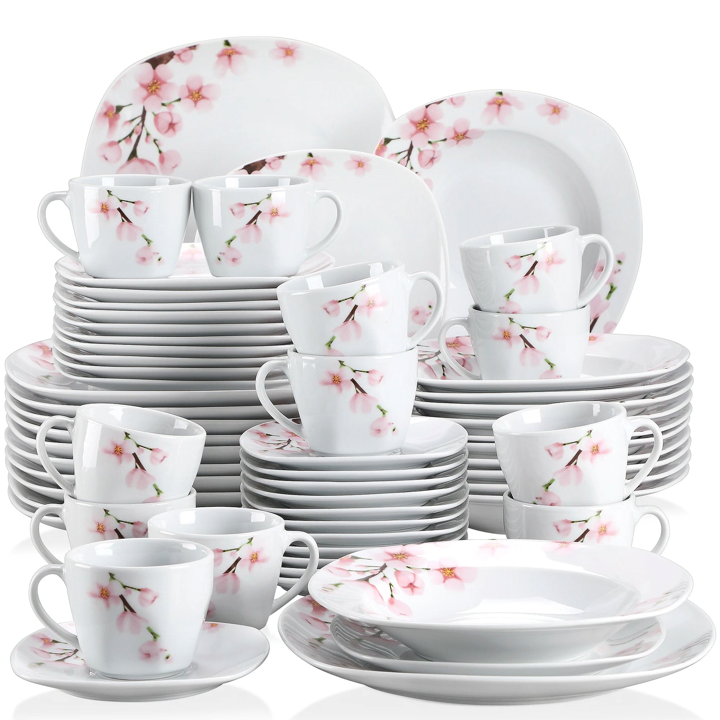 VEWEET ANNIE 30/60-Piece White Ceramic Pink Floral Porcelain Dinner Set