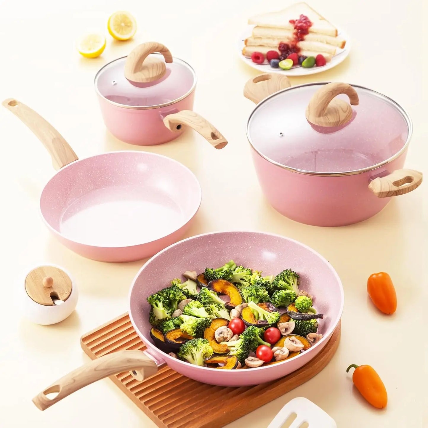 Pink Ceramic Non Stick Cookware Set with Granite Pattern