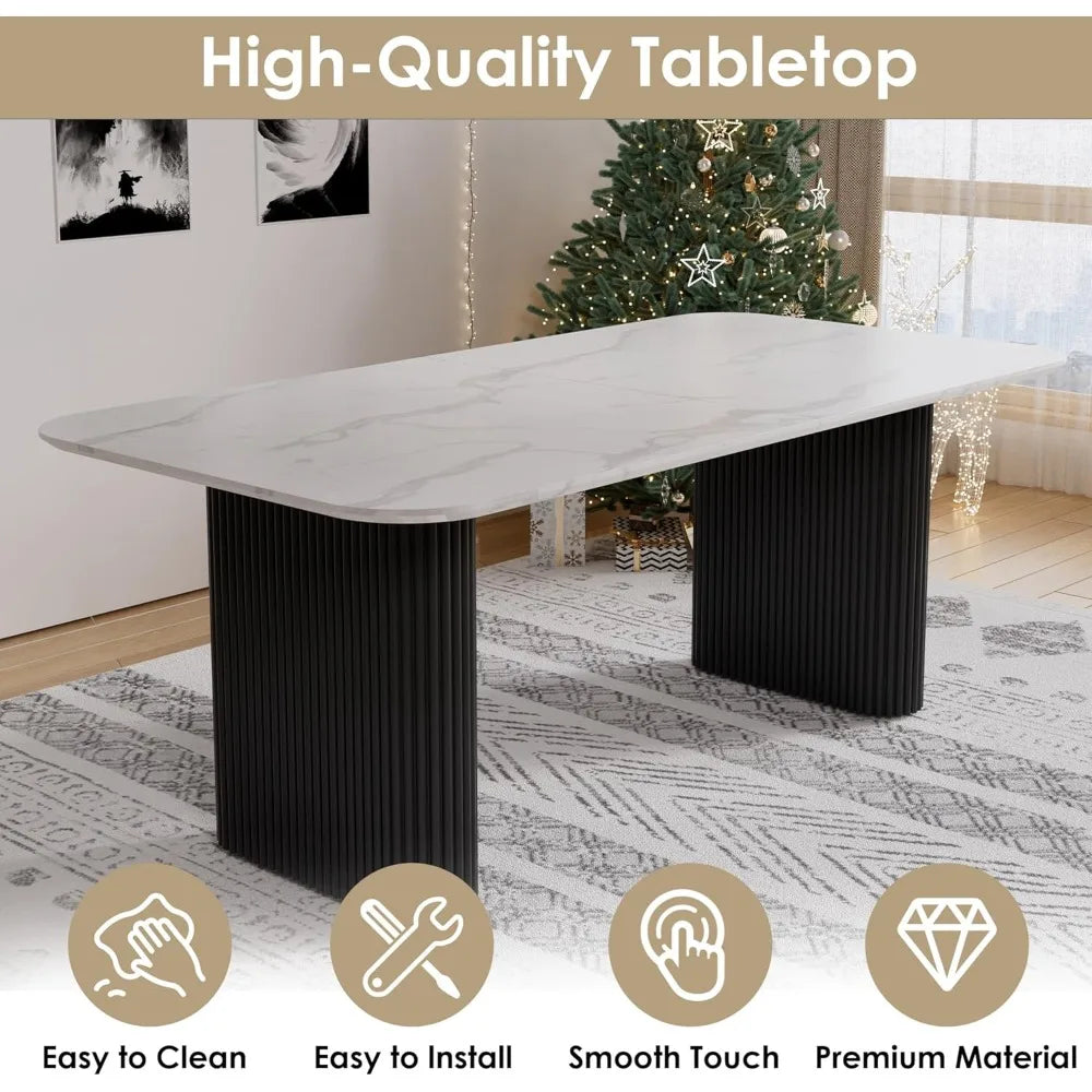 7 Piece - Faux Marble Dining Table & Black Upholstered Boucle Chairs
