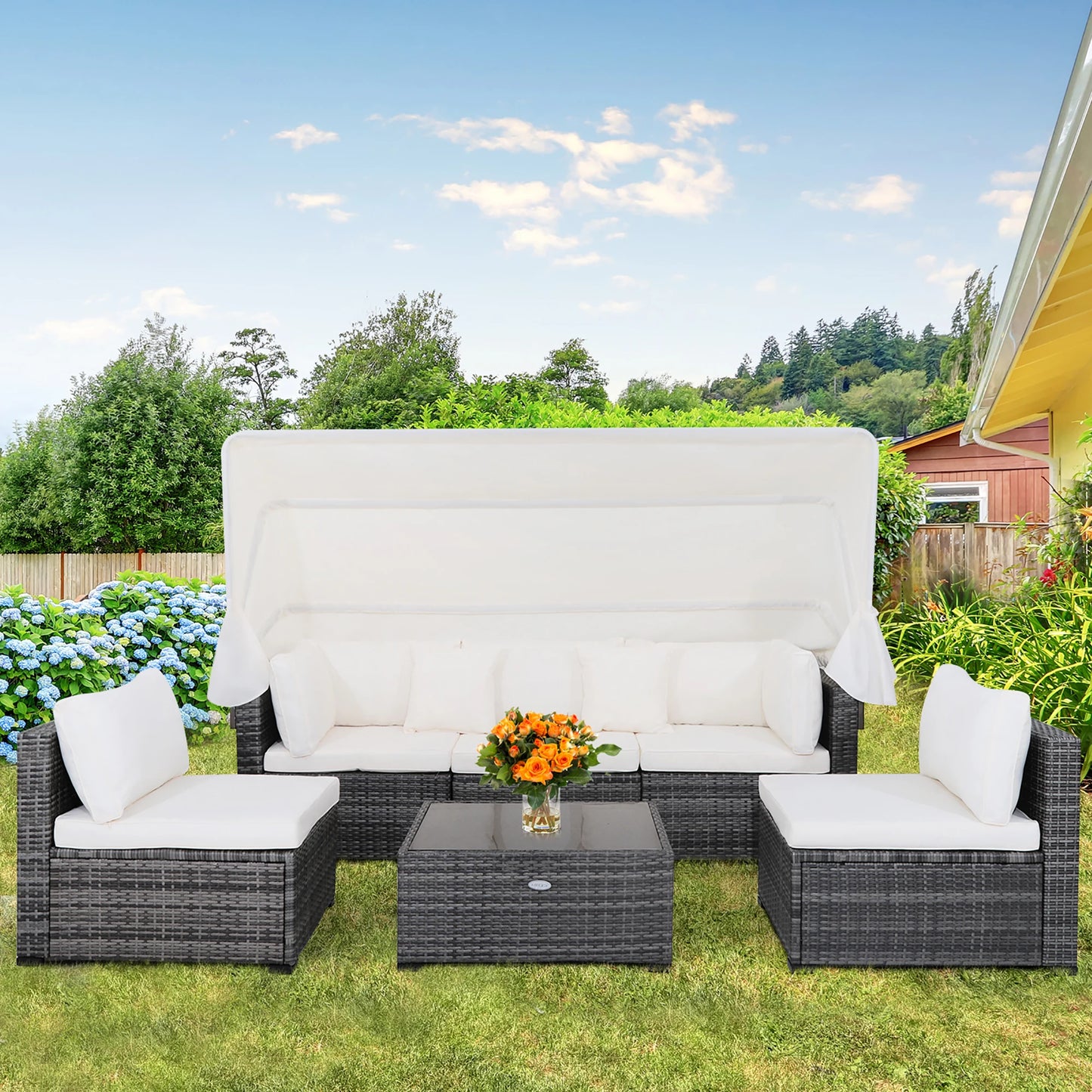 6-Piece Conversation Patio Furniture Set w/ Retractable Canopy