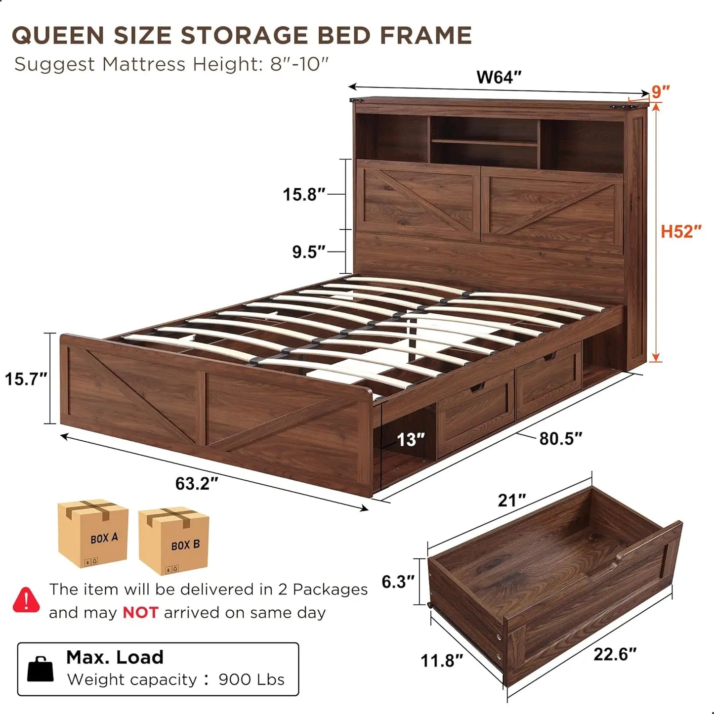 Farmhouse King Size Wood Bed Frame with 52" Tall Storage Headboard and 4 Drawers,LED Light,Charging Station