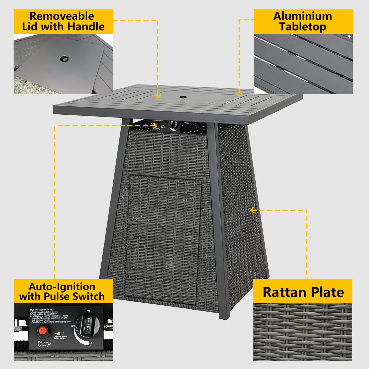 36" Square Bar High Outdoor Fire Pit Table