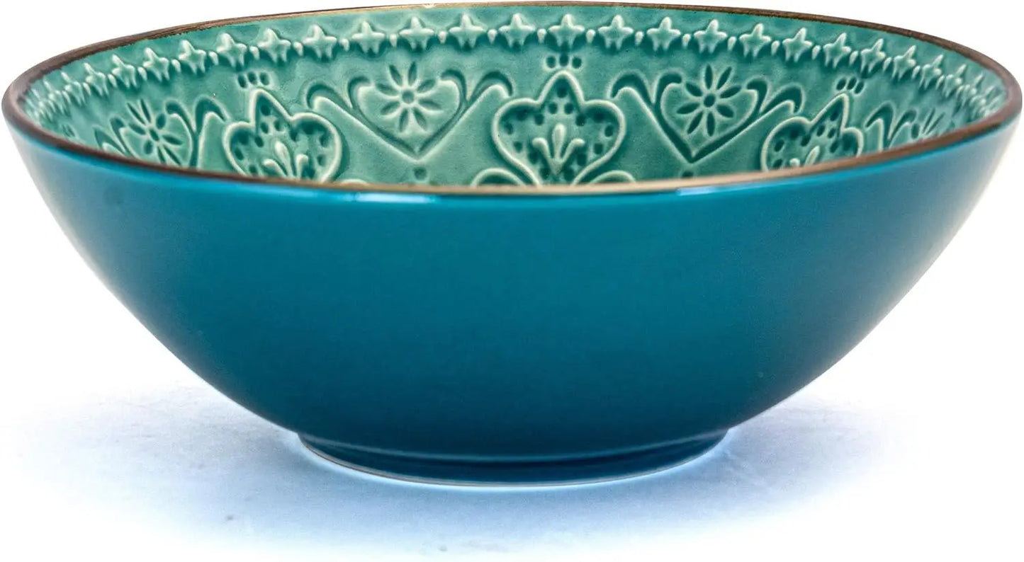 Elama, 16 Piece Round Embossed Dinnerware Set, Ocean Teal and Green