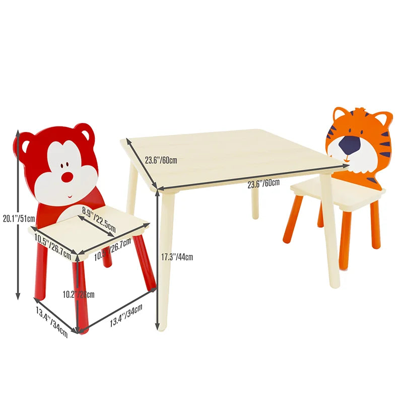 (Bear & Tiger) Wooden 3 Piece Toddler Activity Table and Chair Set,