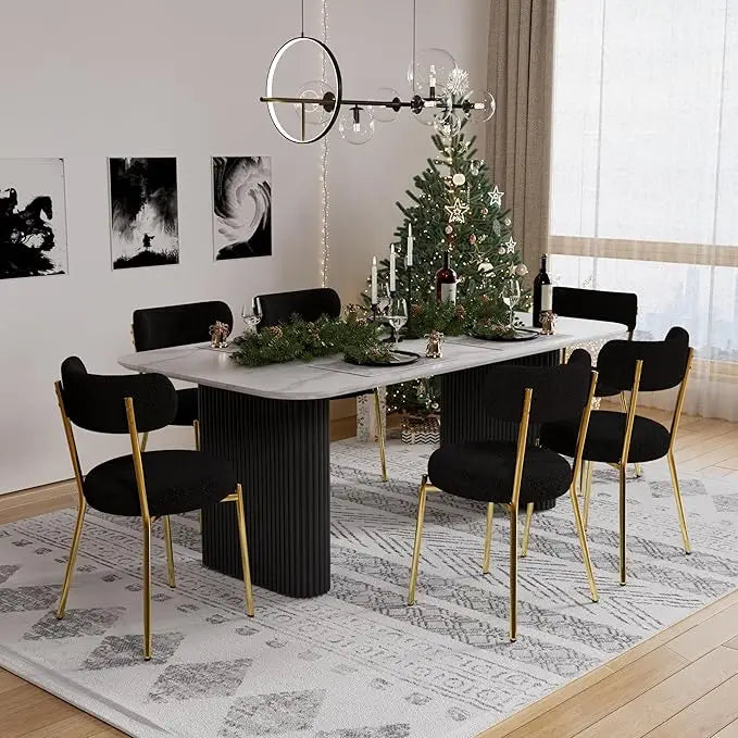 7 Piece - Faux Marble Dining Table & Black Upholstered Boucle Chairs