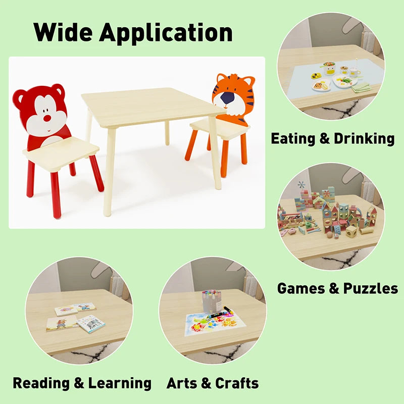 (Bear & Tiger) Wooden 3 Piece Toddler Activity Table and Chair Set,