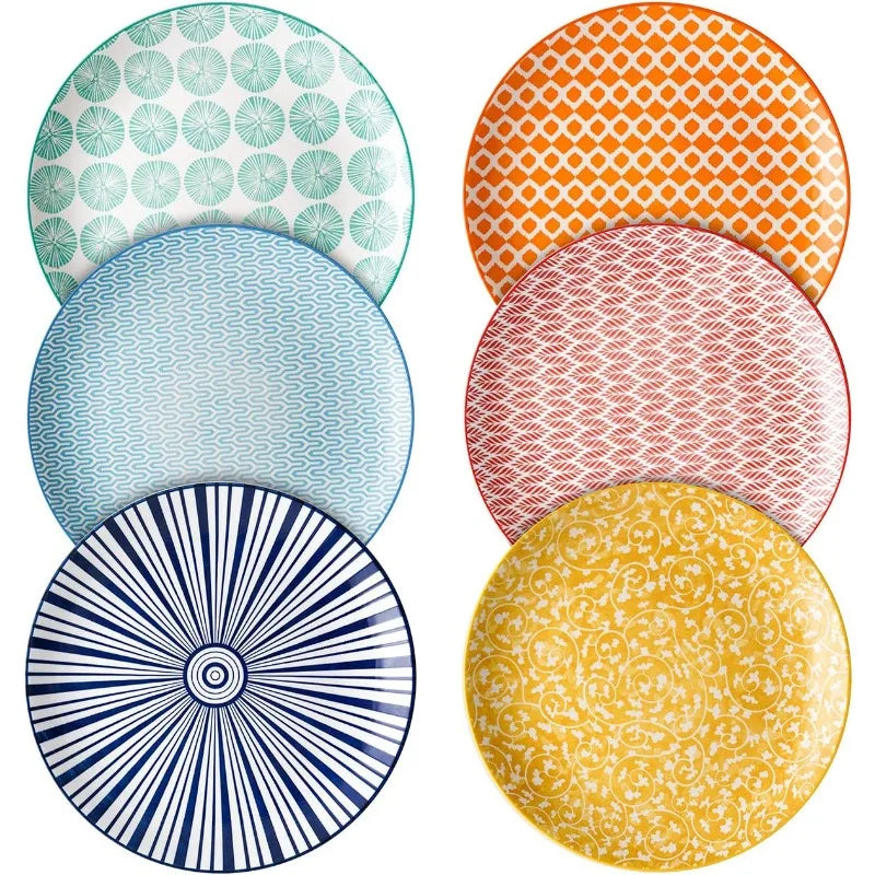 Set of 6 Porcelain Dinner Plates, Assorted Colors