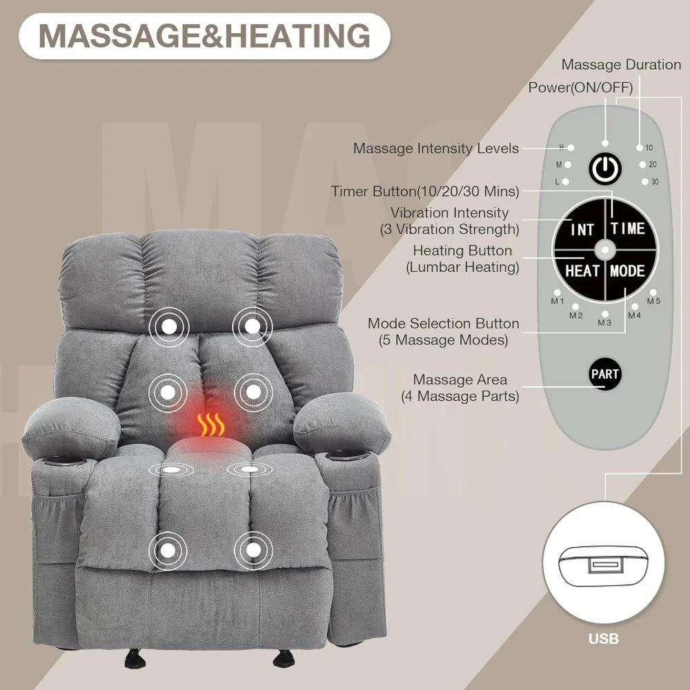 Overstuffed Massage Rocker Recliner Chair with Heat and Vibration
