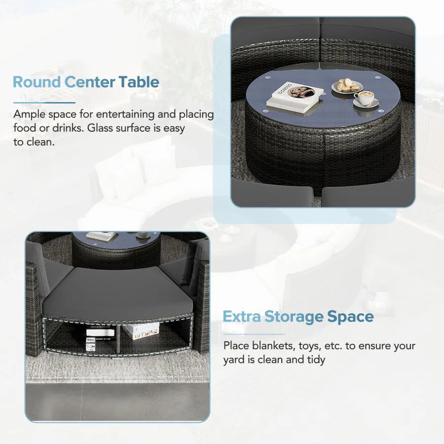 9-Piece Outdoor Circular Patio Sofa Set w/ Tempered Glass Coffee Table & 6 Pillows