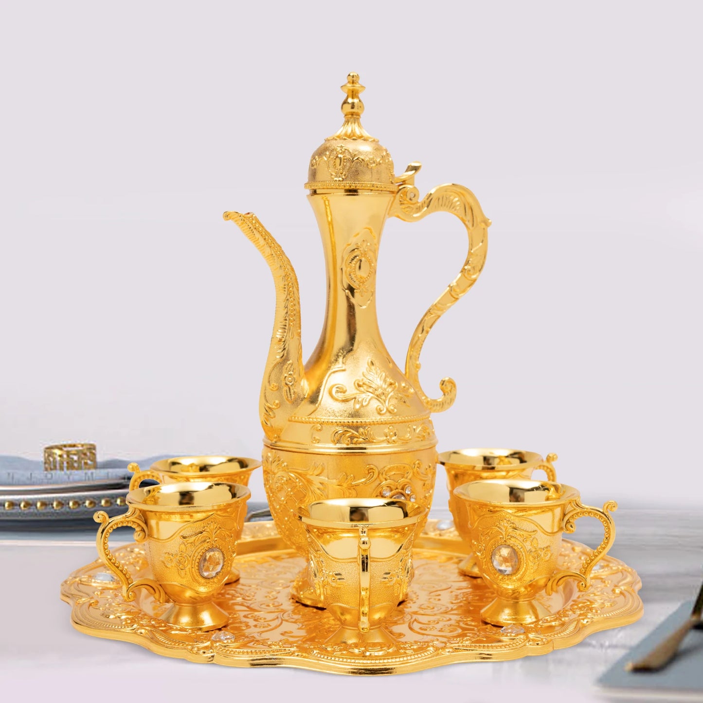 Vintage Turkish Coffee Pot Set with 6 Cups and Tray