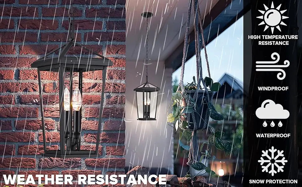 2 piece Height Adjustable Hanging Porch Lights, Black Lamp(Glass Lampshade)