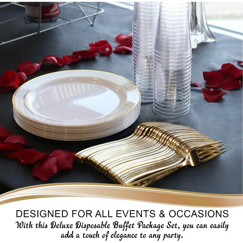 Elegant White with Gold Rim Disposable Plastic Buffet Party Set for 120 Guests