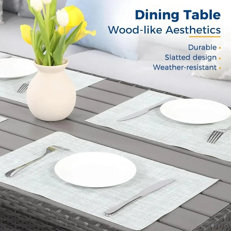 7 Piece Wicker Rattan Patio Set with Dining Table and Ottomans