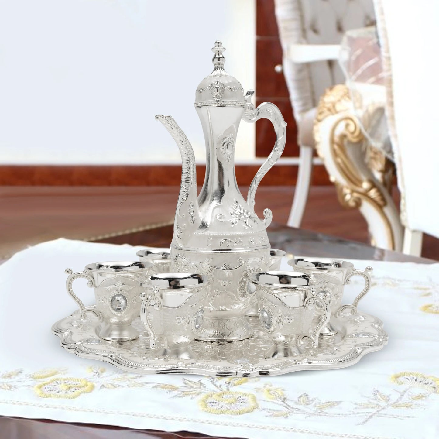 Vintage Turkish Coffee Set with Pot and 6 Cups, Silver