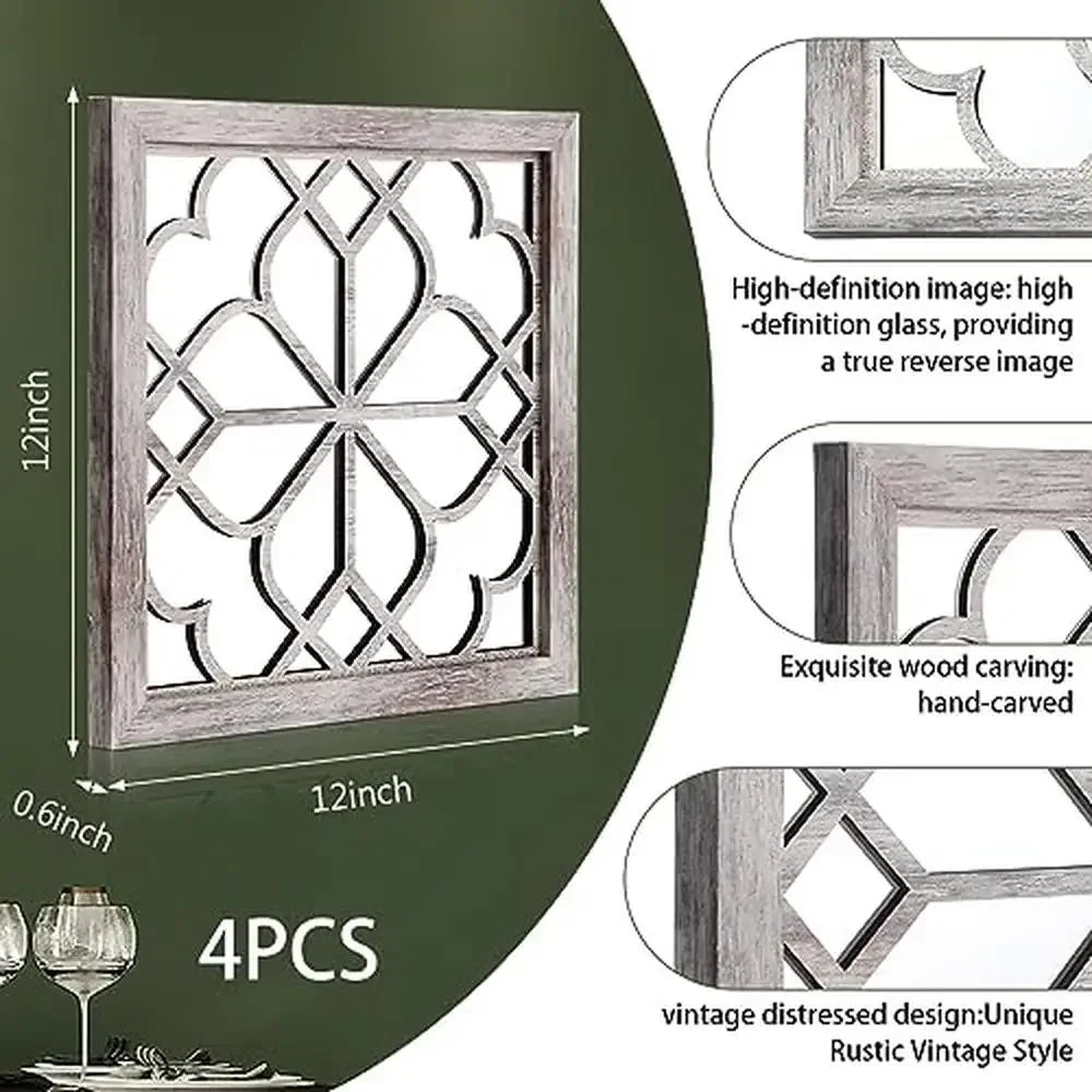 4-Pack 12x12 Inch Square Rustic White Decorative Wall Mirrors