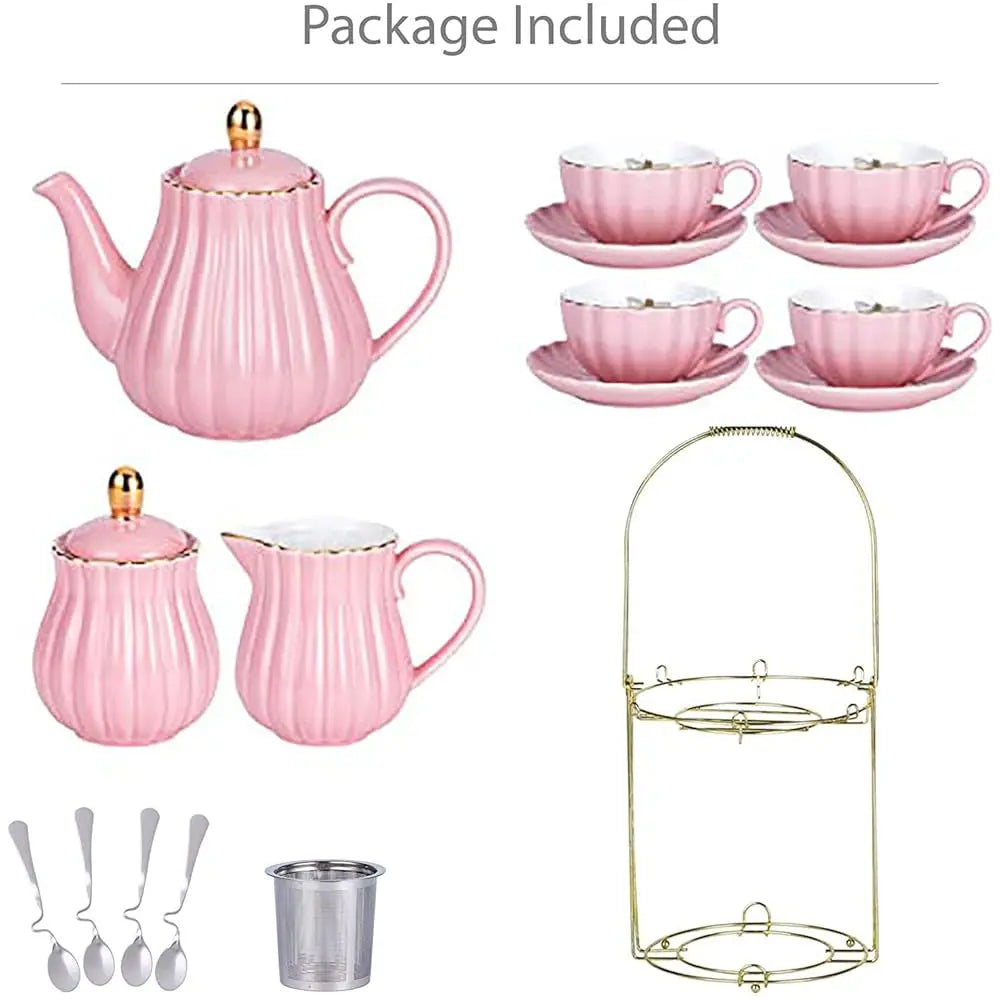 Pink Fine China Coffee/Teacup Set, Service For 4