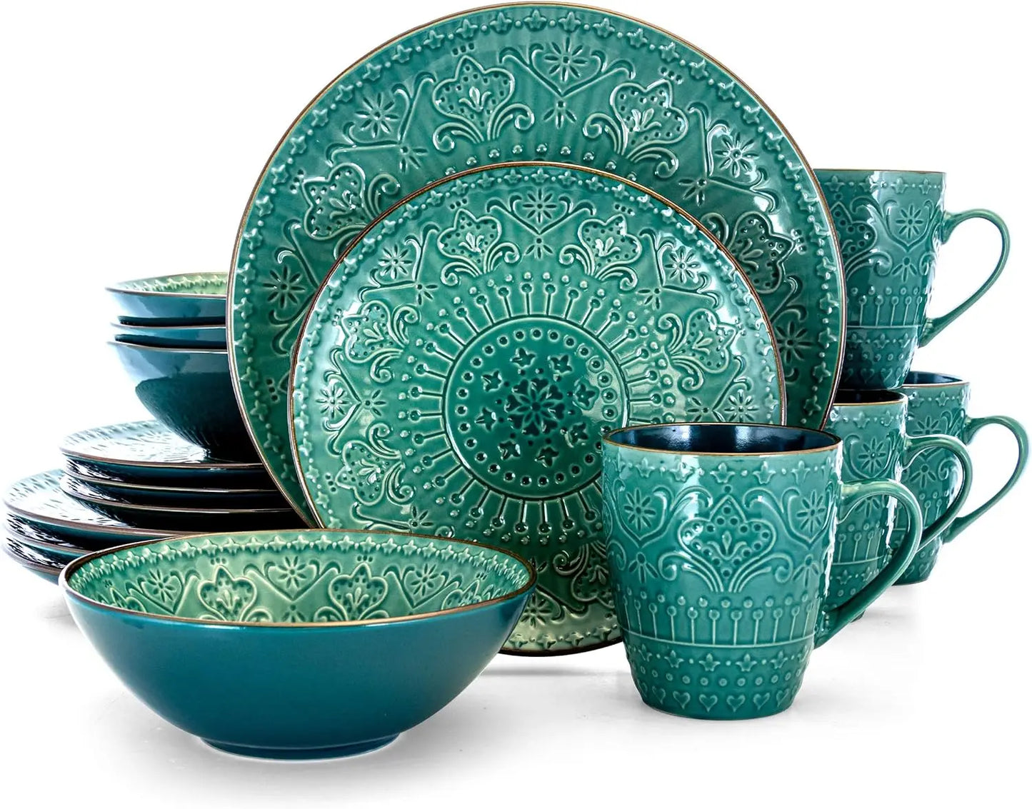 Elama, 16 Piece Round Embossed Dinnerware Set, Ocean Teal and Green