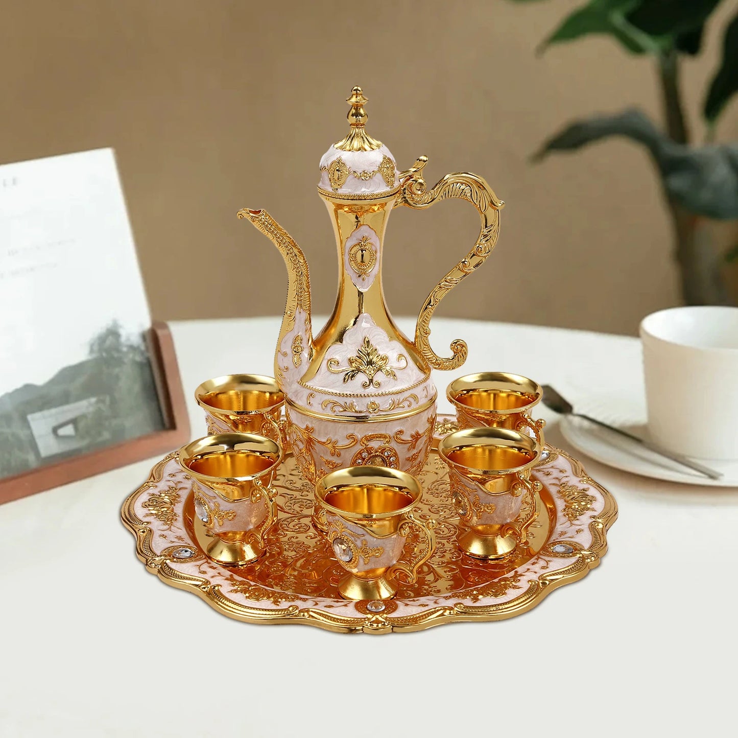 Vintage Turkish Tea Set with 6 Cups, Teapot, and Decorative Tray