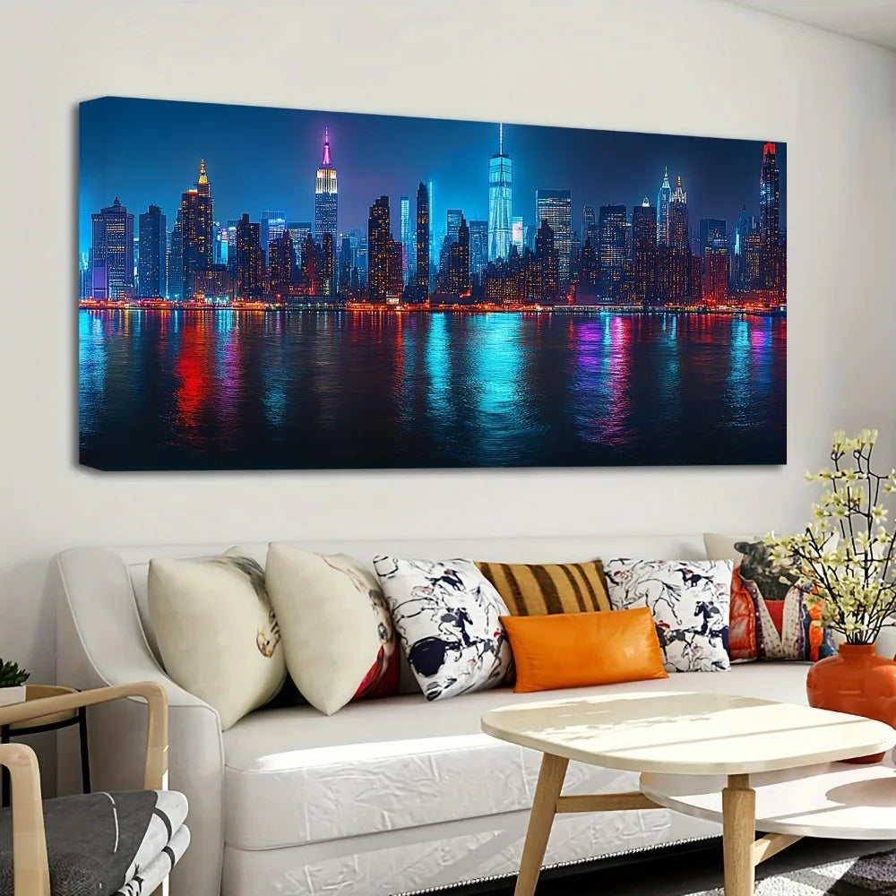 New York City Skyline Night View Canvas Painting (16x32 inch)