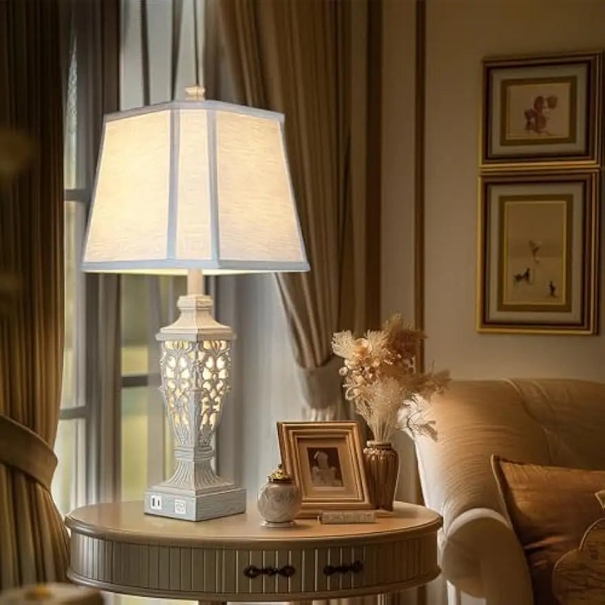 28.5" Rustic White Linen Cut Table Lamps, Set of 2