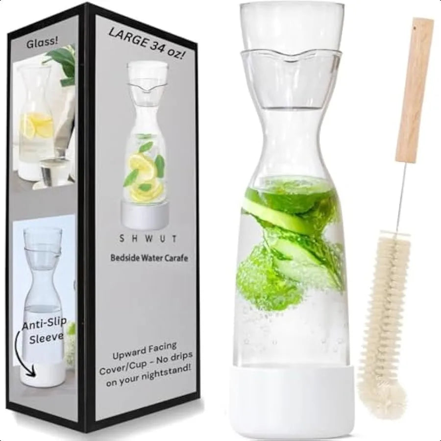 Anti-Skid Bedside Water Carafe and Glass Set w Brush