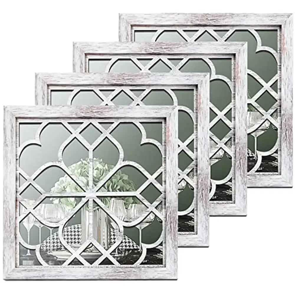 4-Pack 12x12 Inch Square Rustic White Decorative Wall Mirrors