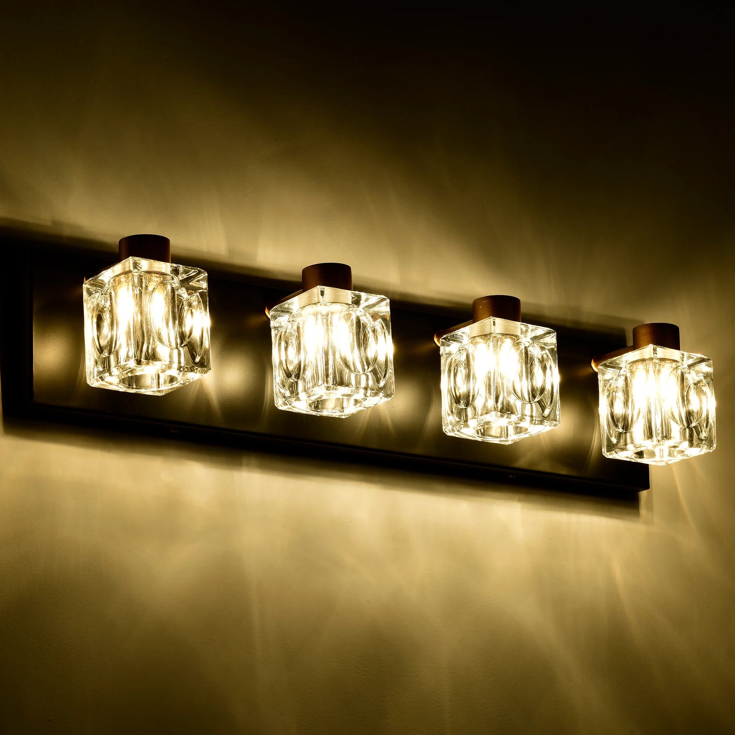 4-Light Matte Black + Gold Bathroom Light Fixture with Crystal Glass Shade