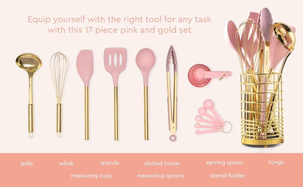 17 PC Gold & Pink Silicone Cooking Utensils Set Includes: Gold Utensil Holder