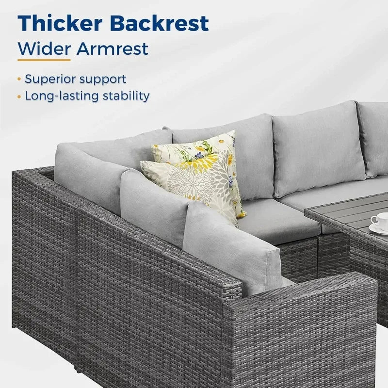7 Piece Wicker Rattan Patio Set with Dining Table and Ottomans
