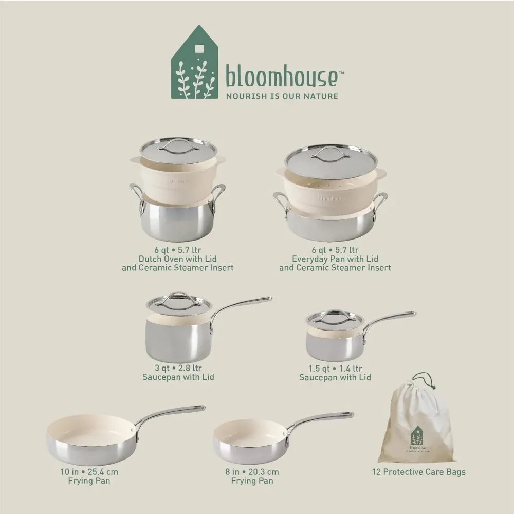 Oprah's Favorite Things - 12 Piece Triply Stainless Steel Cookware Set W/Non-Stick Non-Toxic Ceramic Interior