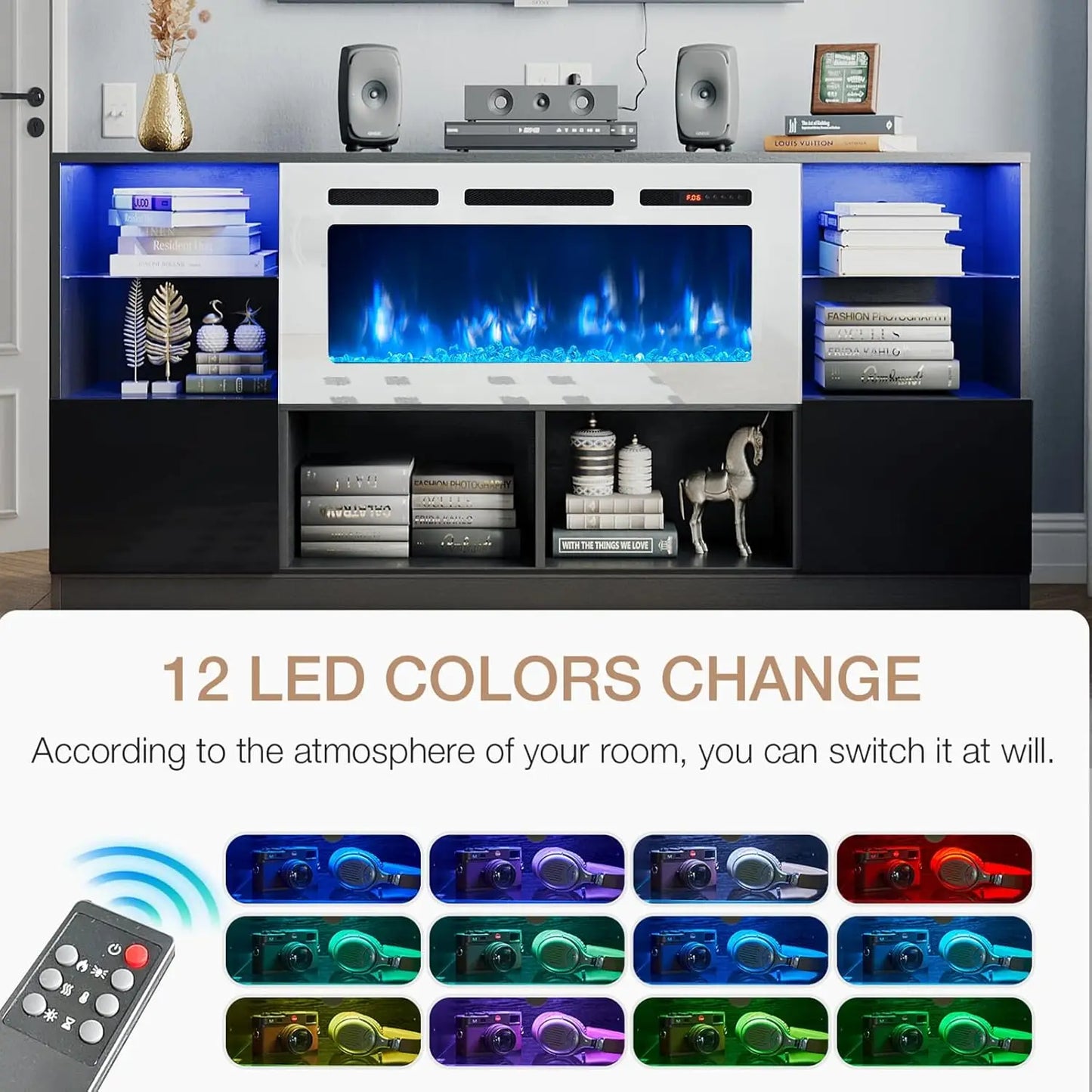 Fireplace TV Stand with 36” Electric Fireplace, 70” TV Console Stand for TVs Up to 80", LED Lights, Entertainment Center,