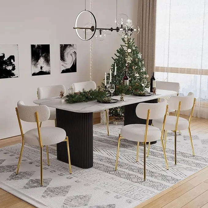 7 Piece - Faux Marble Dining Table & Black Upholstered Boucle Chairs