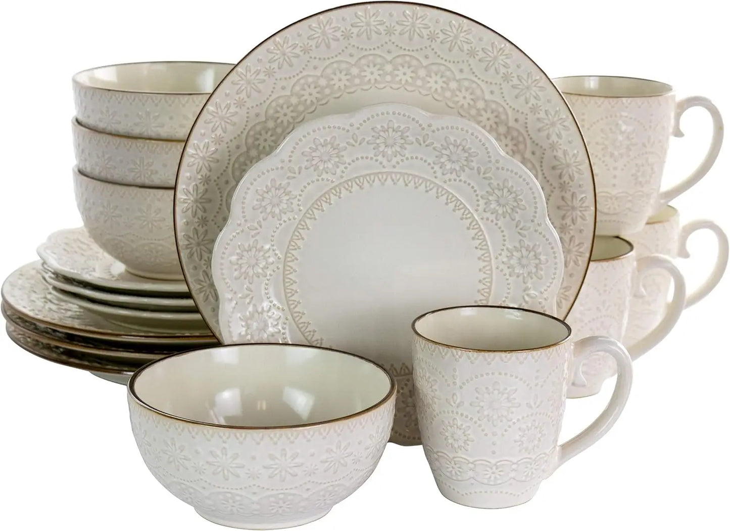 Elama Embossed Scalloped Stoneware Dinnerware Set, 16 Piece, Ivory