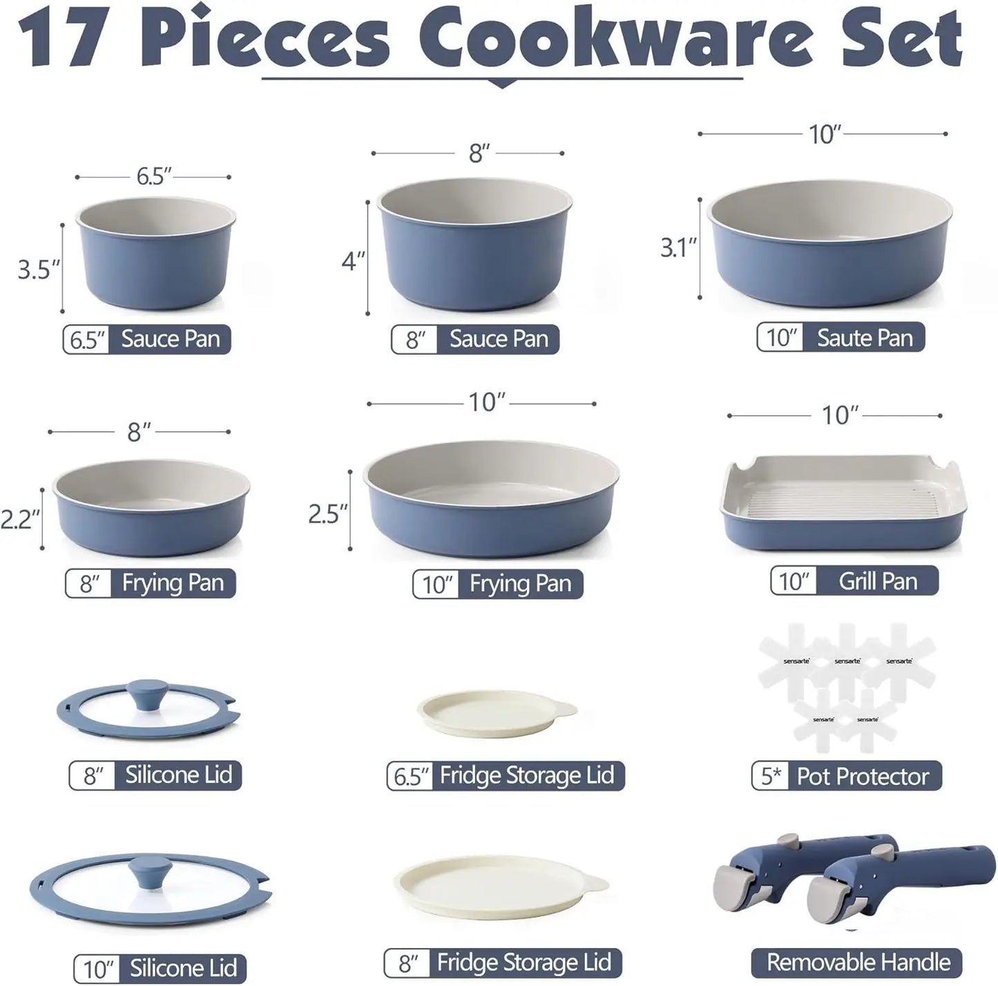 17 Piece Nonstick Ceramic Pots and Pans Set w/ Detachable Handle