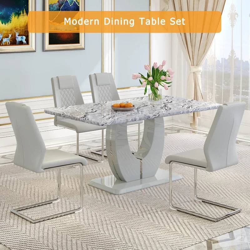 63'' Grey Faux Marble Dining Room Table Set