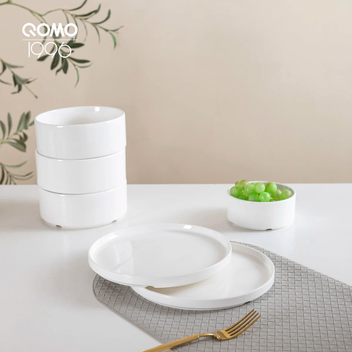 QOMO 16-Piece Dinnerware Set, Service for 4, White