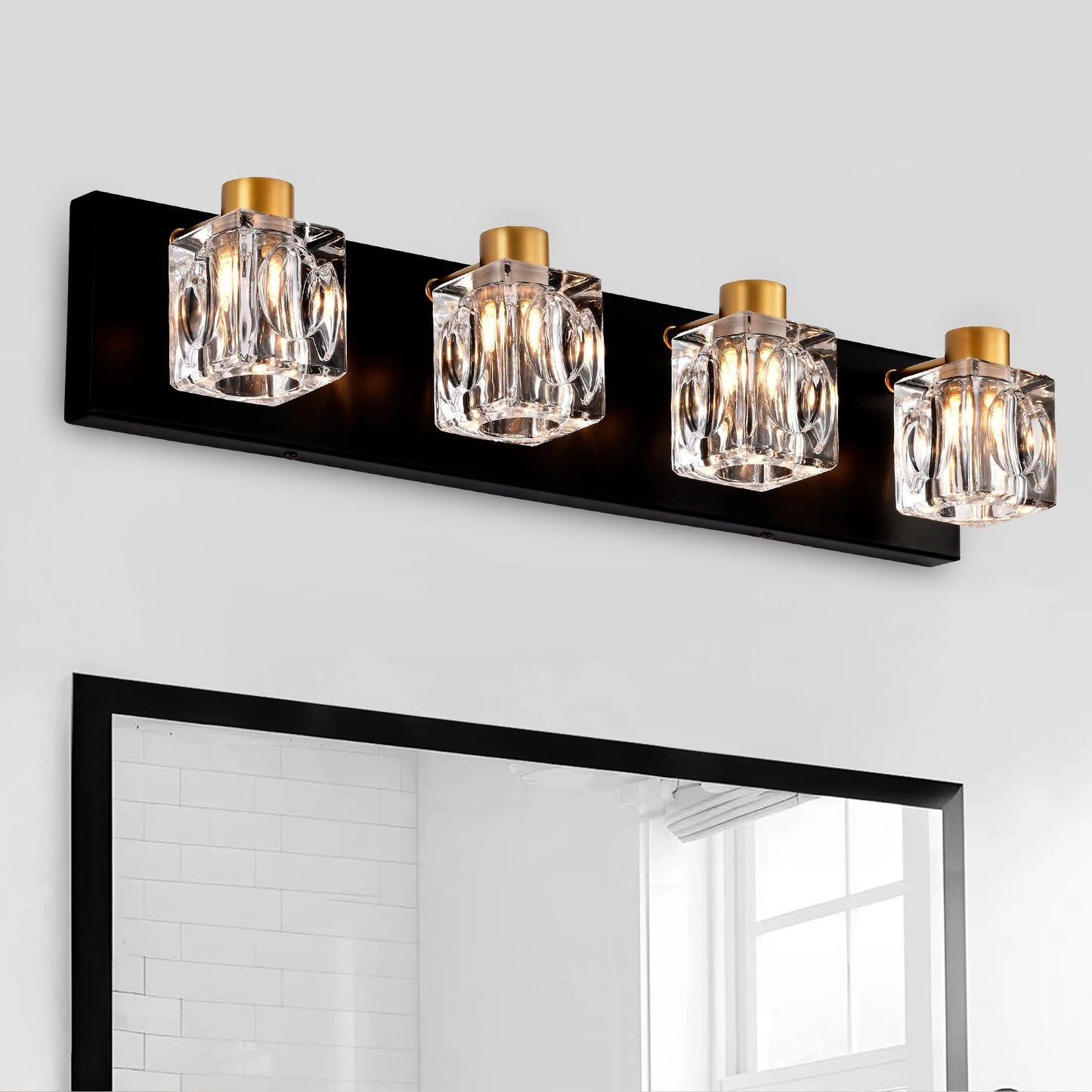 4-Light Matte Black + Gold Bathroom Light Fixture with Crystal Glass Shade