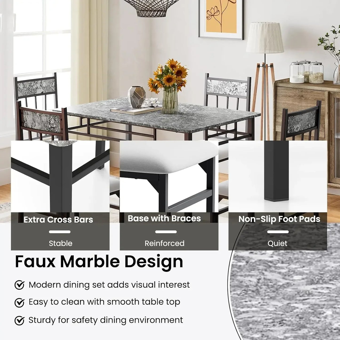 5 Piece Faux Marble Dining Table Set