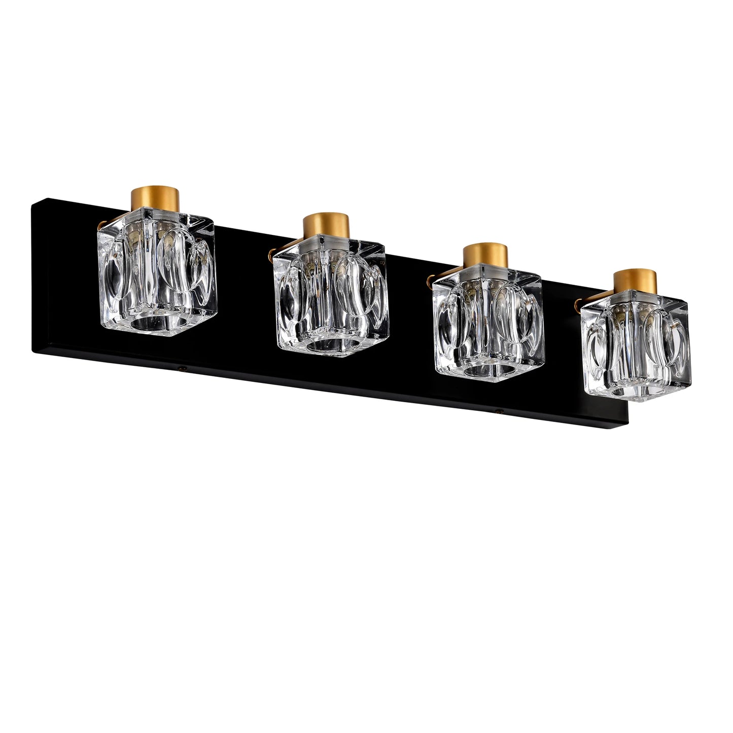 4-Light Matte Black + Gold Bathroom Light Fixture with Crystal Glass Shade