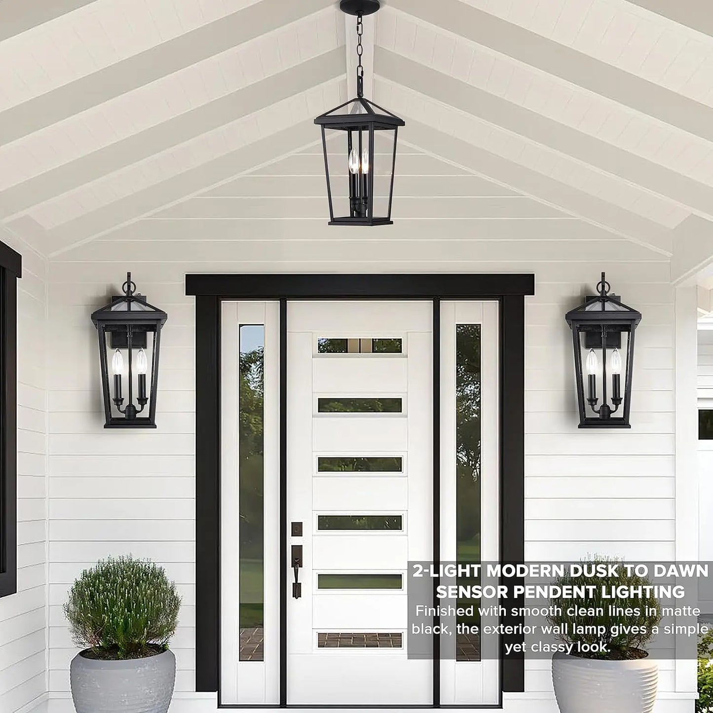 2 piece Height Adjustable Hanging Porch Lights, Black Lamp(Glass Lampshade)