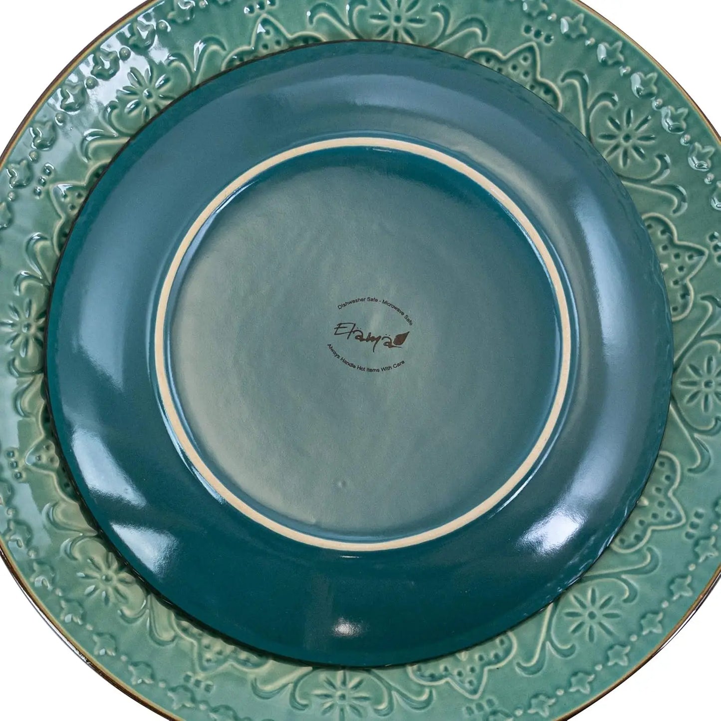 Elama, 16 Piece Round Embossed Dinnerware Set, Ocean Teal and Green