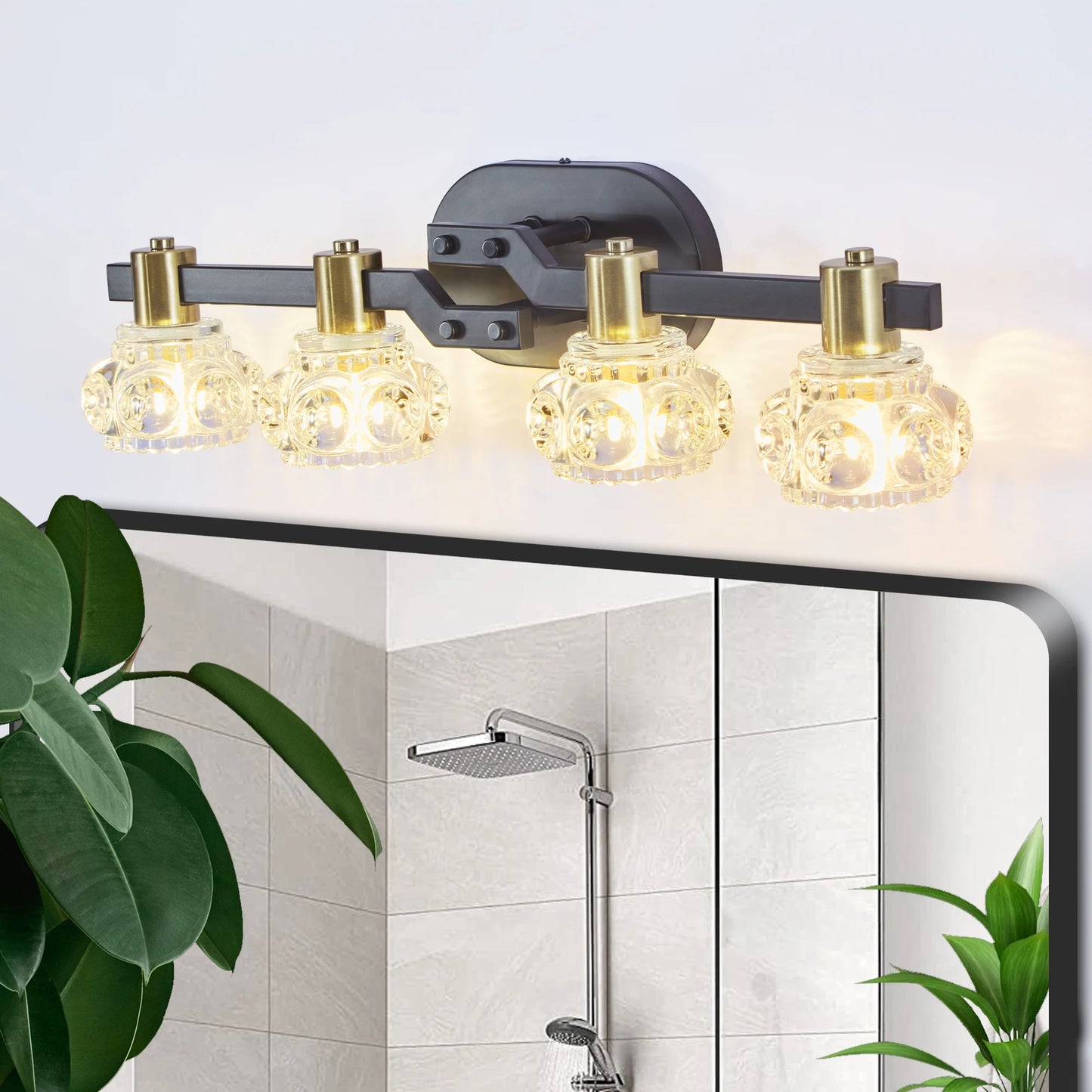 Vintage 4-Light Wall Sconce with Clear Crystal Shades, Black Iron Finish (No Bulbs)