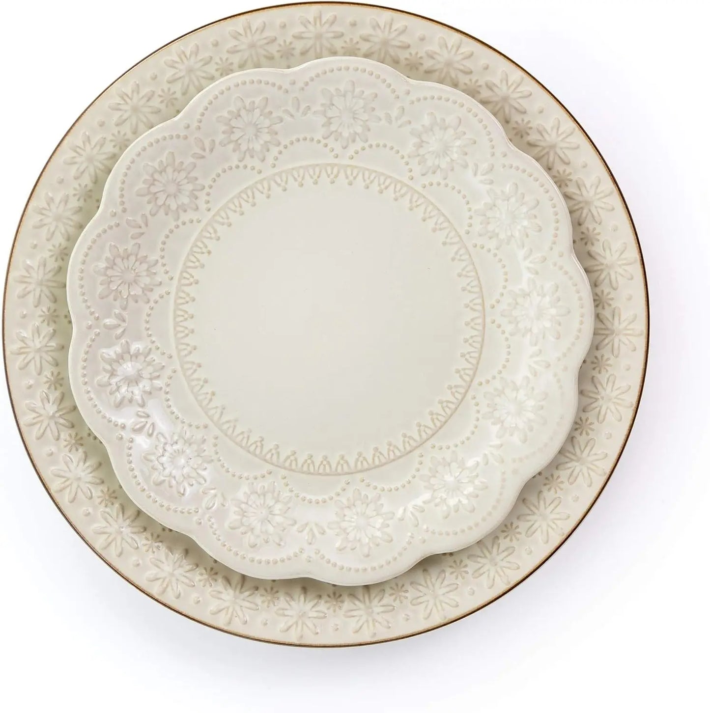 Elama Embossed Scalloped Stoneware Dinnerware Set, 16 Piece, Ivory