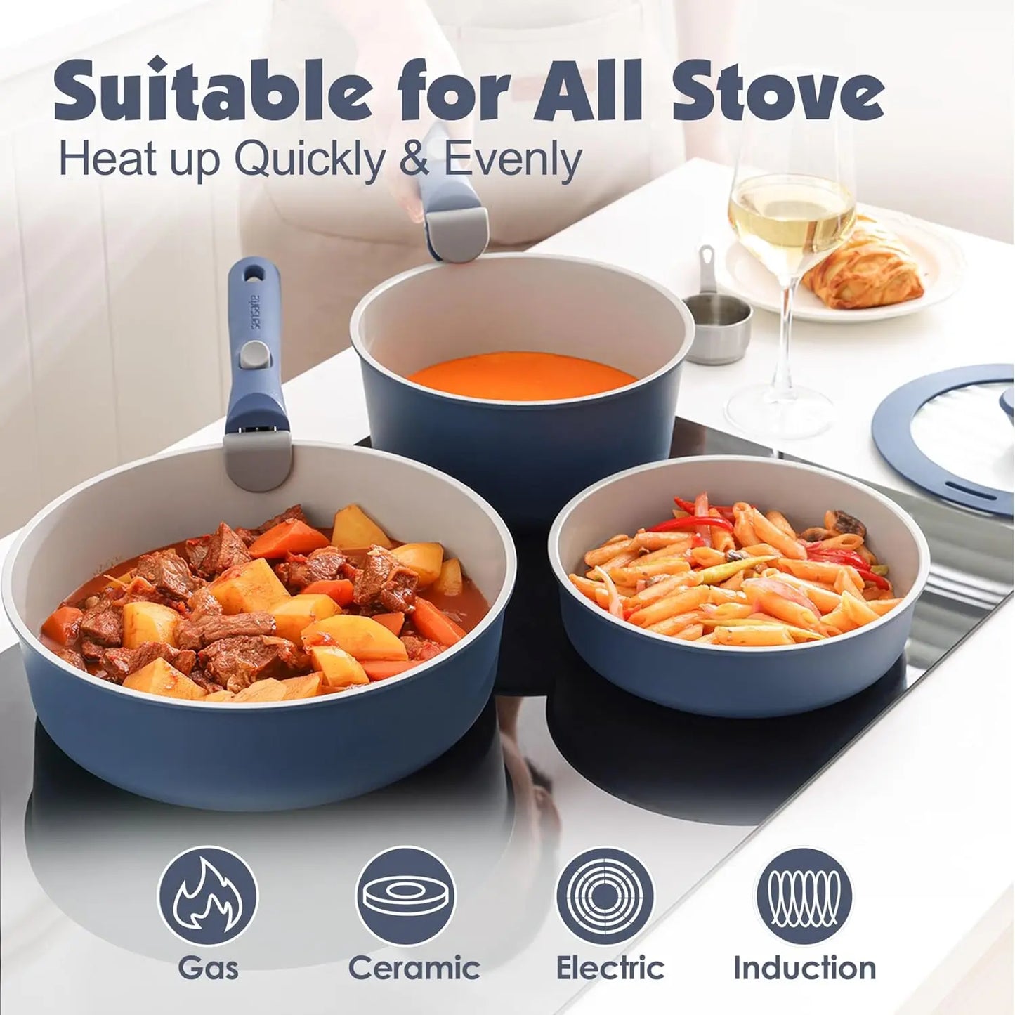 17 Piece Nonstick Ceramic Pots and Pans Set w/ Detachable Handle