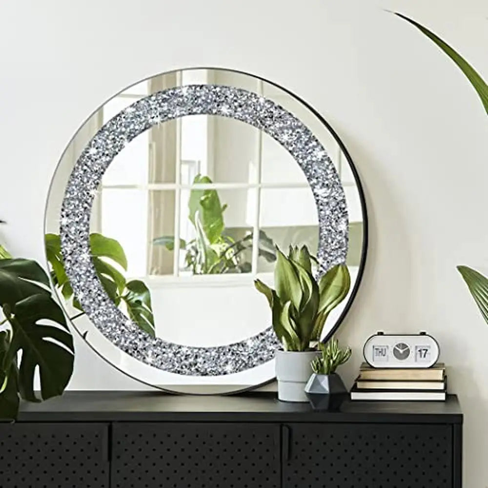 Luxury Crystal Crush Diamond Round Silver Wall Mirror (20x20x1 inch)