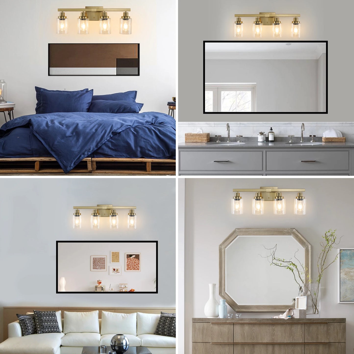 4 Lights Gold Bathroom Vanity Mirror Wall Sconce with Glass Shade