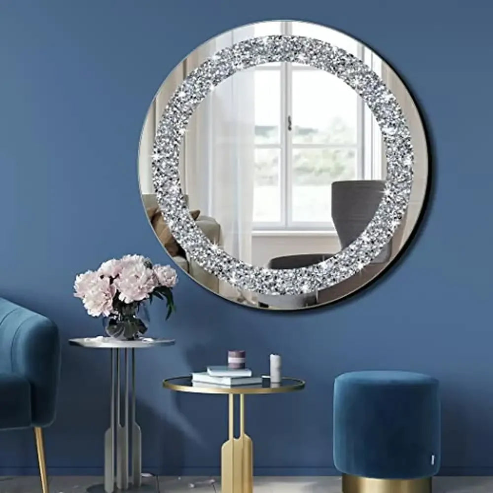 Luxury Crystal Crush Diamond Round Silver Wall Mirror (20x20x1 inch)