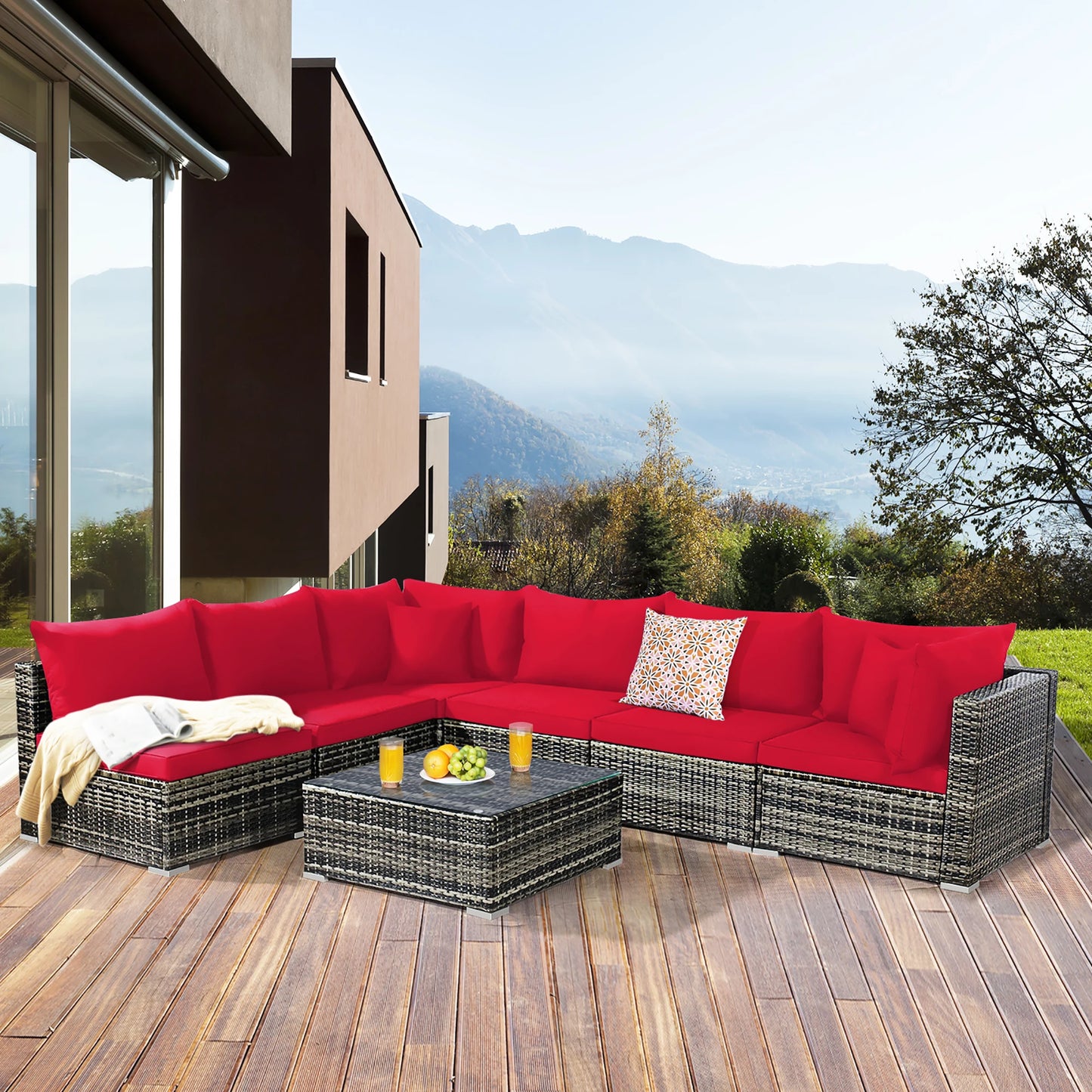 7-Piece Red Cushion Rattan Sectional Sofa Patio Set