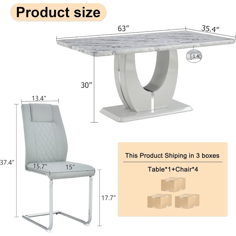63'' Grey Faux Marble Dining Room Table Set