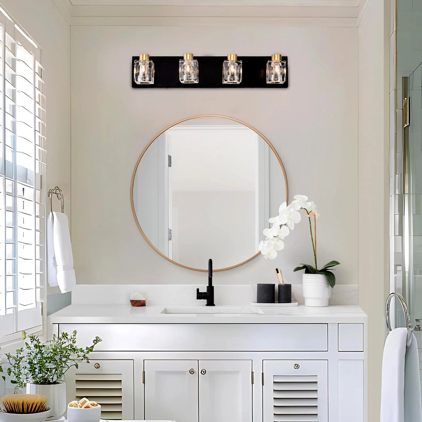 4-Light Matte Black + Gold Bathroom Light Fixture with Crystal Glass Shade